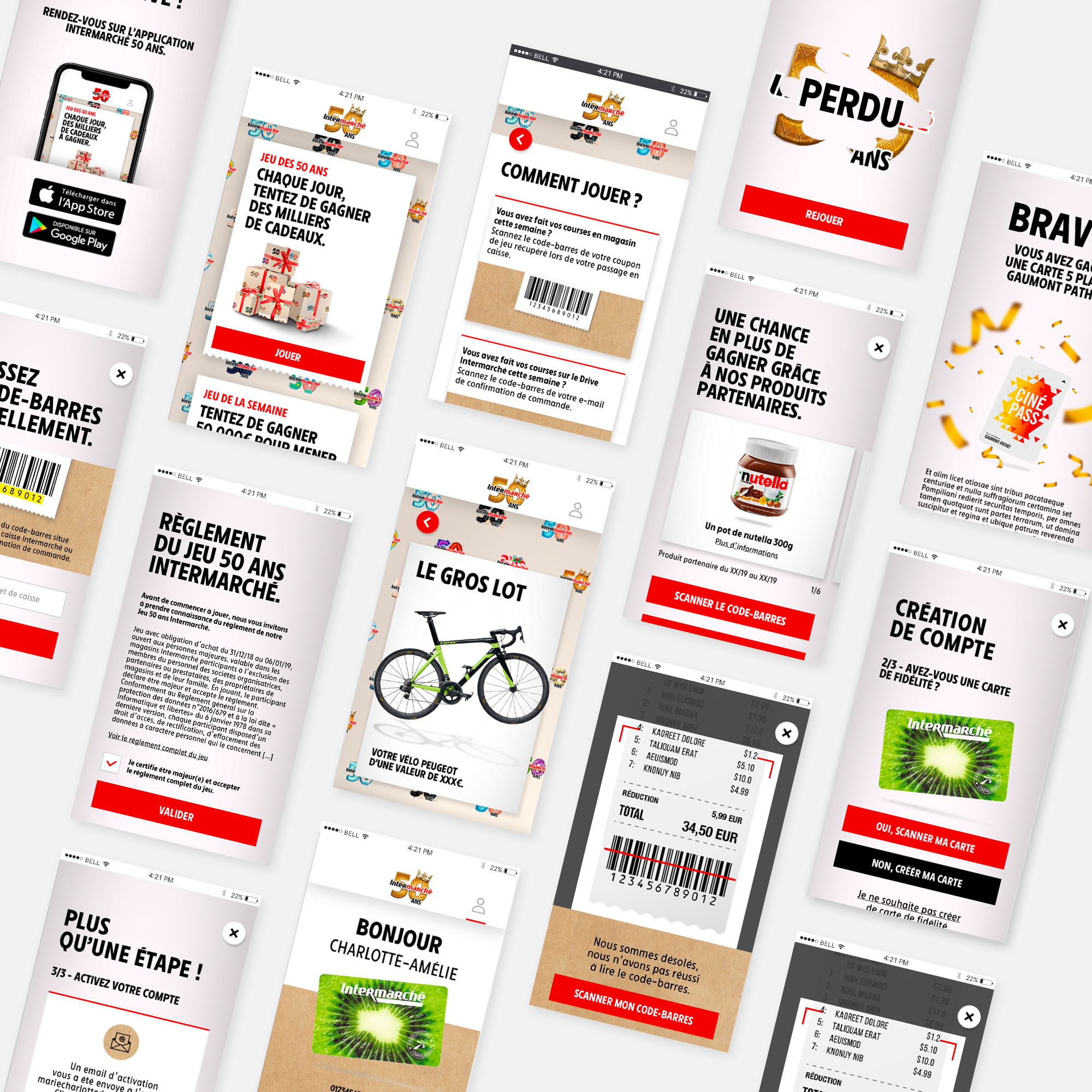aperçu des écrans mobile de l'application mobile du jeu 50ans Intermarche